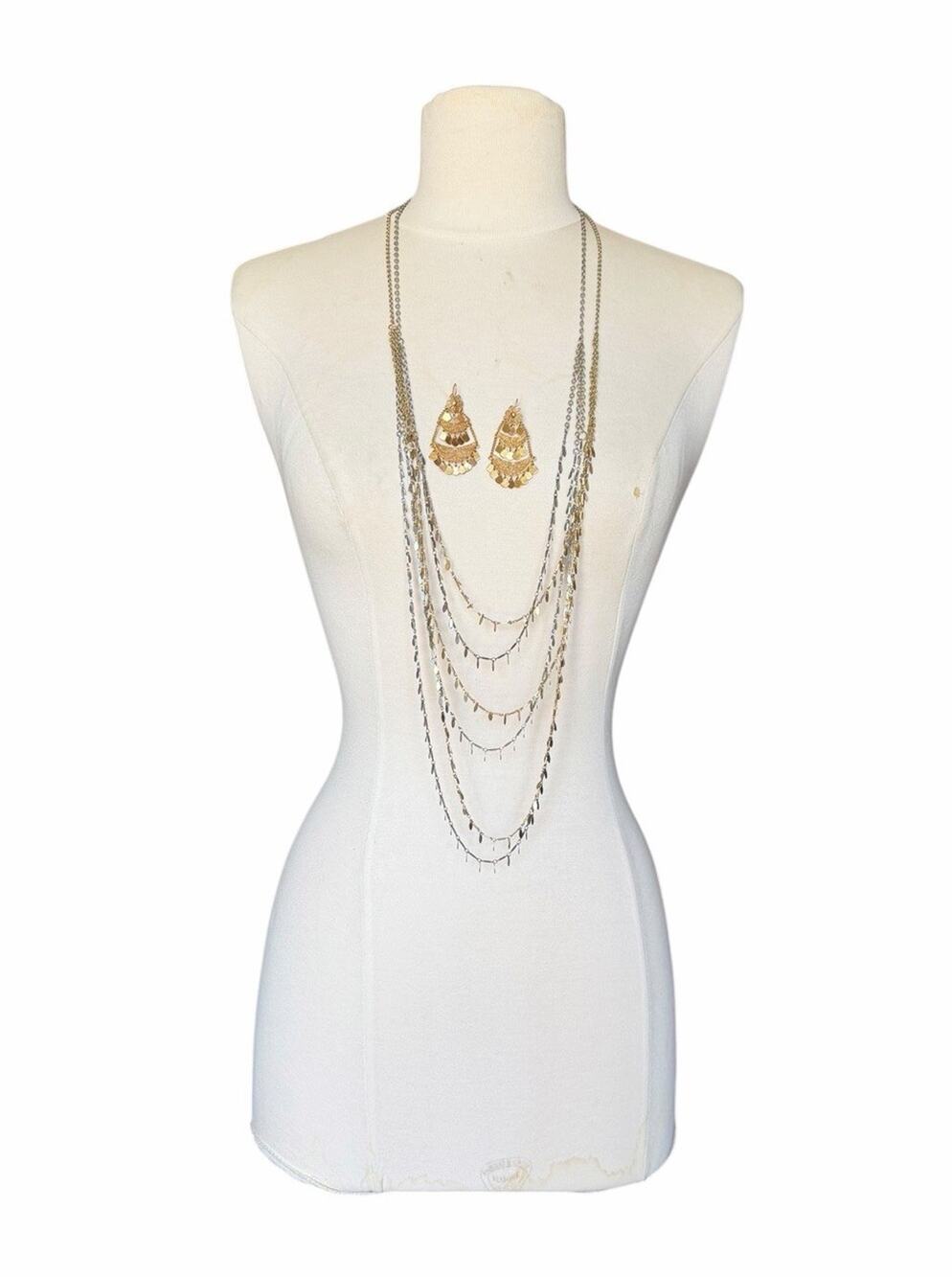 Rachel Signed Layered Multi Strand Necklace Set Gold Silver Mixed Metal Earrings